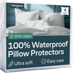 imageNiagara 4 Pack Waterproof Pillow Protectors Queen 20x30 Inches Smooth Zipper Premium Encasement Covers Quiet Cases Set WhiteStandard